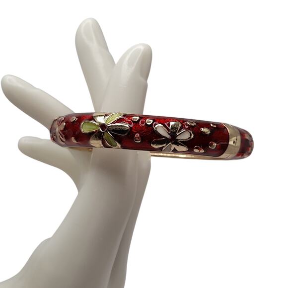 Vintage Jiu Long Xing Cloisonné Bangle Bracelet – Red Enamel Floral - Picture 2 of 10